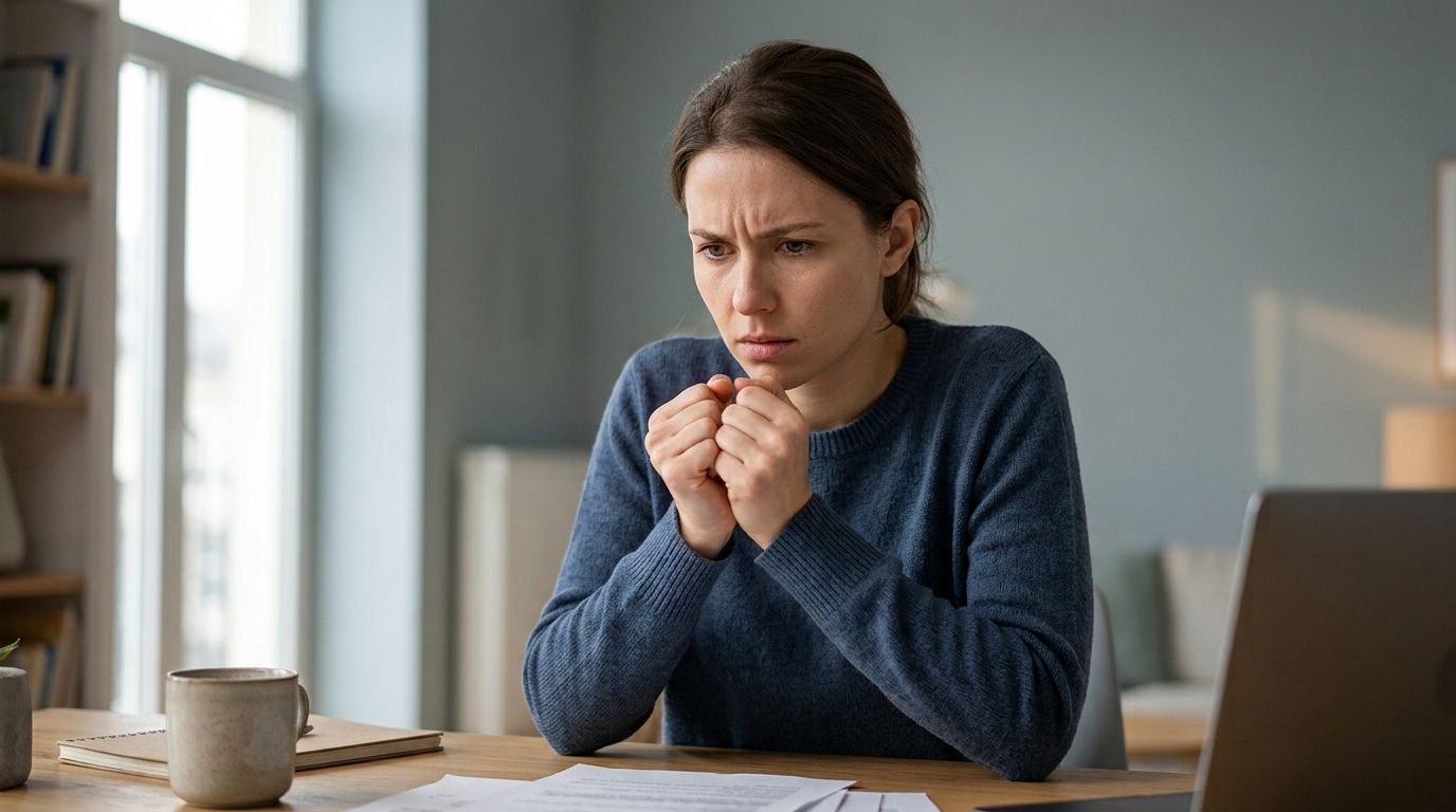 Лечение обсессивно-компульсивного расстройства Женщина за столом с бумагами и ноутбуком выглядит встревоженной